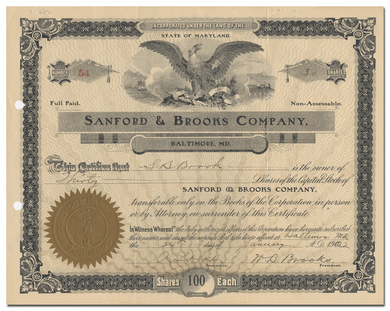 Sanford & Brooks Company Stock Certificate