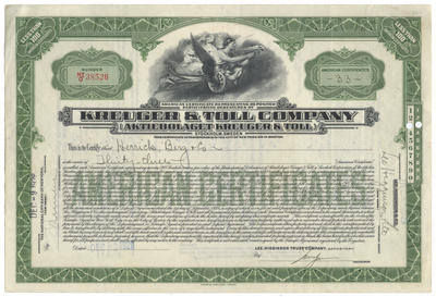 Kreuger & Toll Company Stock Certificate