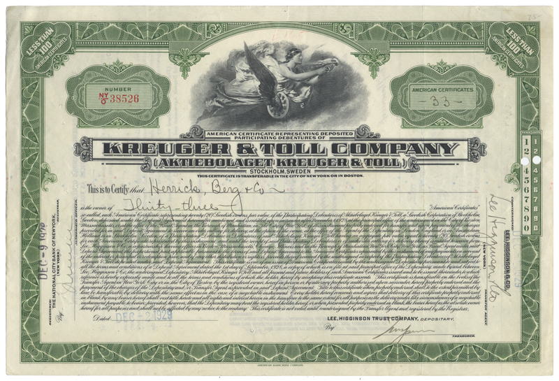 Kreuger & Toll Company Stock Certificate