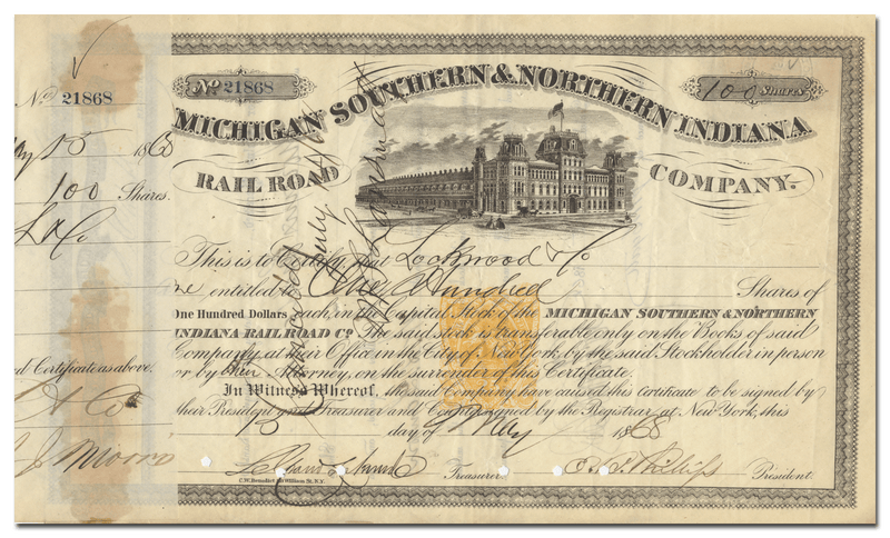 Michigan Southern & Northern Indiana Railroad Company Stock Certificate