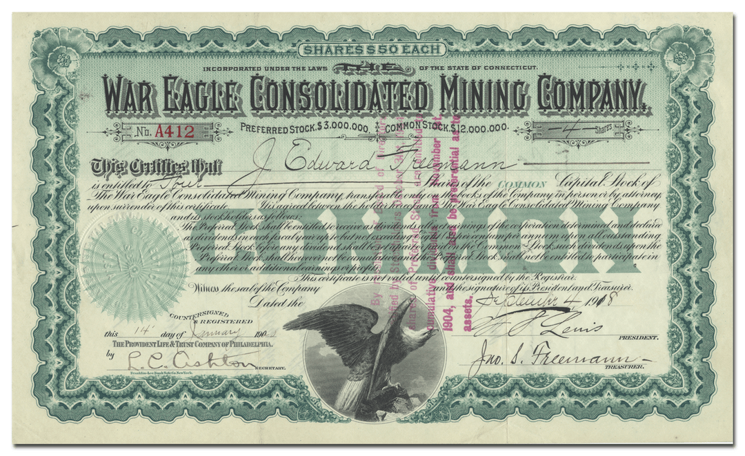 War Eagle Consolidated Mining Company Stock Certificate