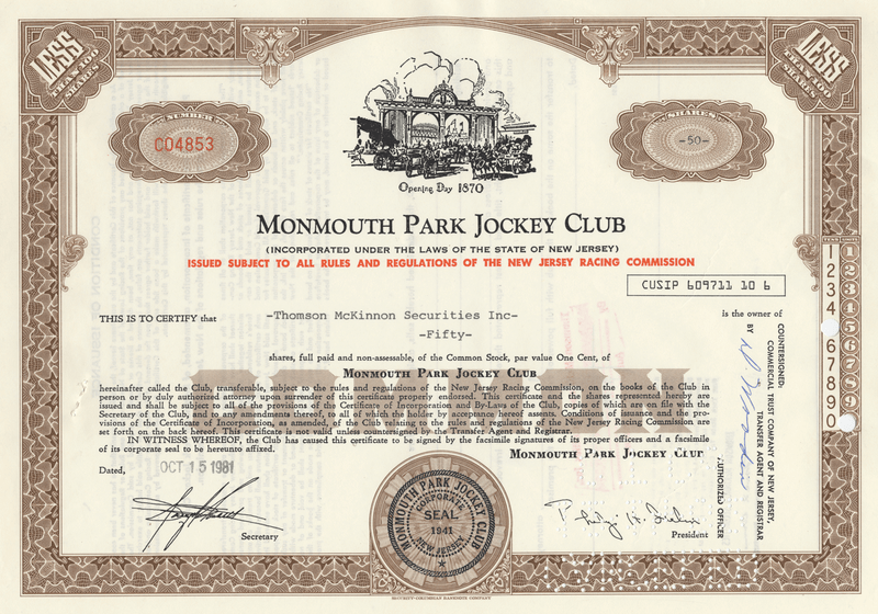 Monmouth Park Jockey Club Stock Certificate