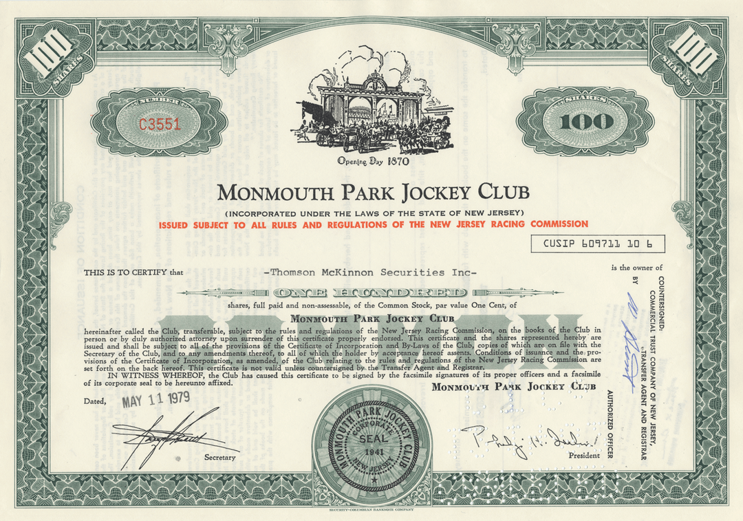 Monmouth Park Jockey Club Stock Certificate