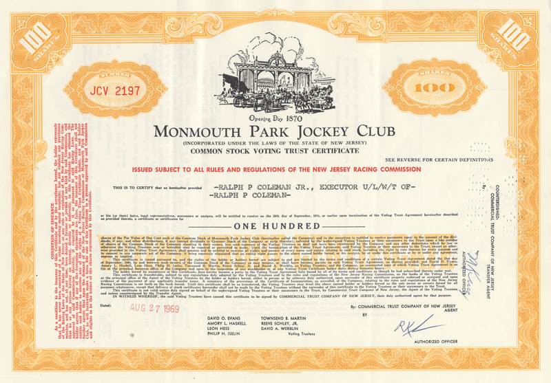 Monmouth Park Jockey Club Stock Certificate