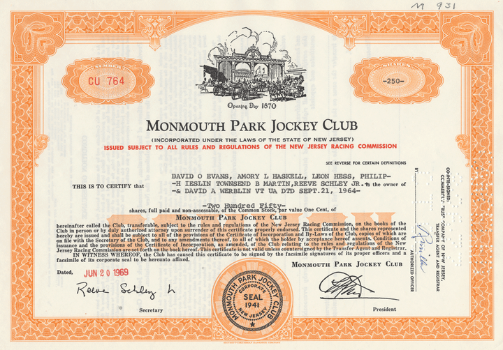 Monmouth Park Jockey Club Stock Certificate