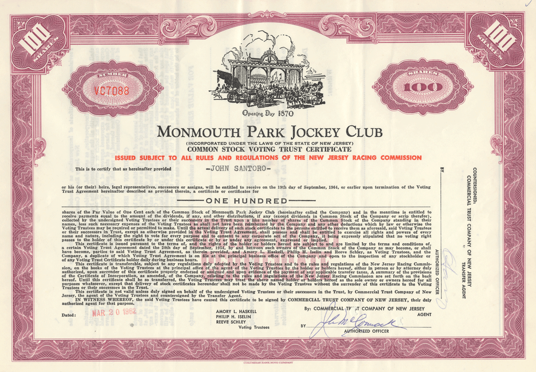 Monmouth Park Jockey Club Stock Certificate