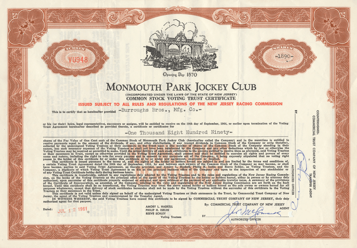 Monmouth Park Jockey Club Stock Certificate