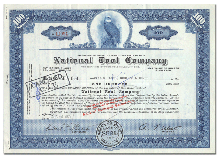 National Tool Company Stock Certificate