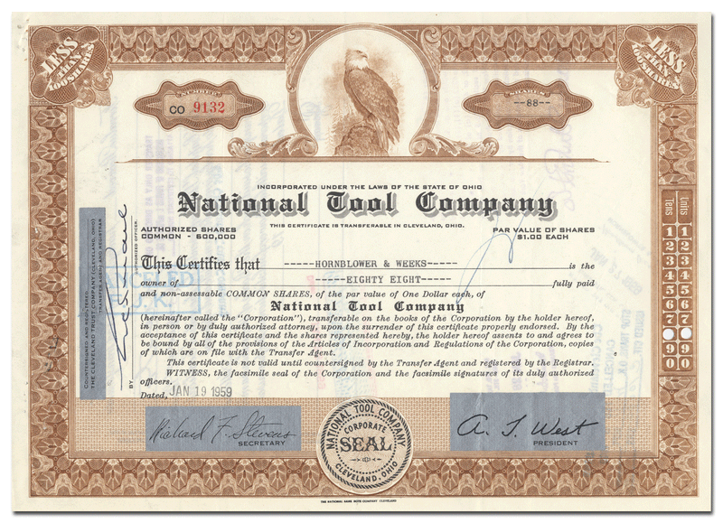 National Tool Company Stock Certificate