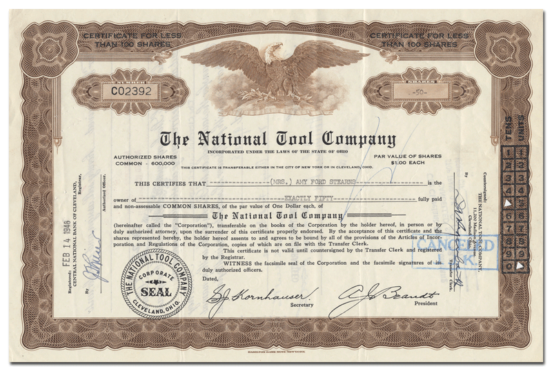 National Tool Company Stock Certificate