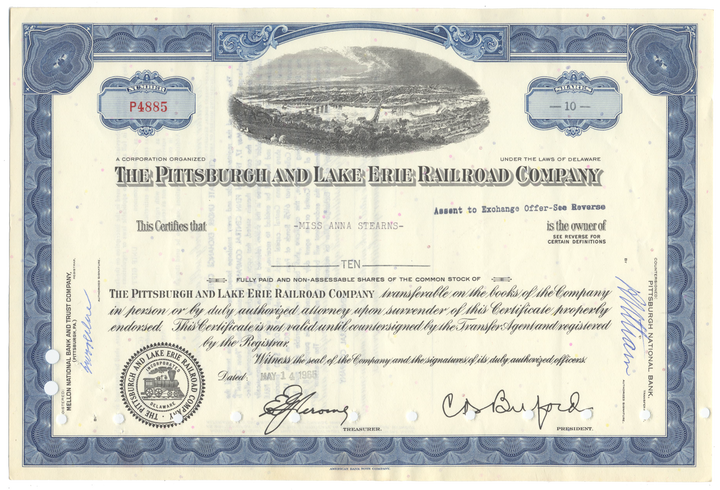 Pittsburgh and Lake Erie Railroad Company Stock Certificate