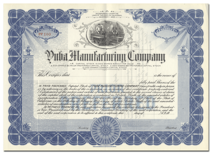 Yuba Manufacturing Company Stock Certificate