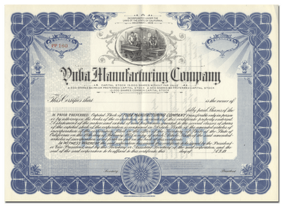 Yuba Manufacturing Company Stock Certificate