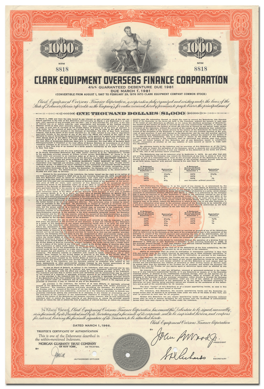 Clark Equipment Overseas Finance Corporation Bond Certificate