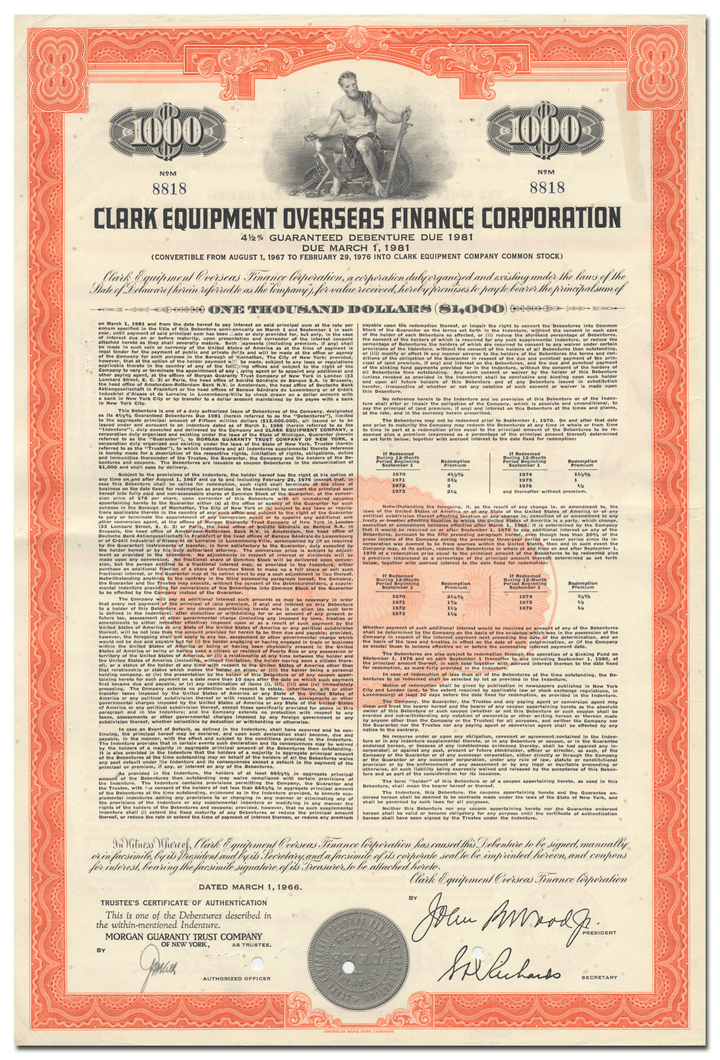 Clark Equipment Overseas Finance Corporation Bond Certificate