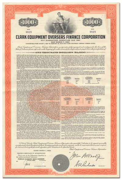 Clark Equipment Overseas Finance Corporation Bond Certificate