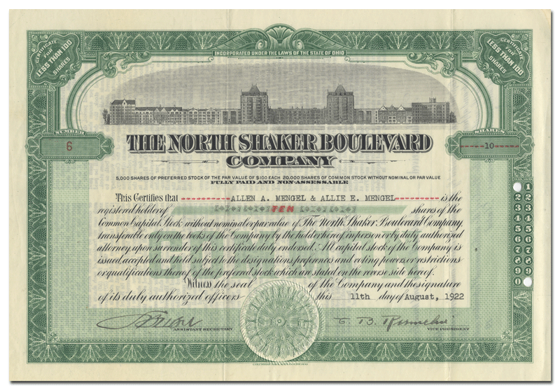 North Shaker Boulevard Company Stock Certificate