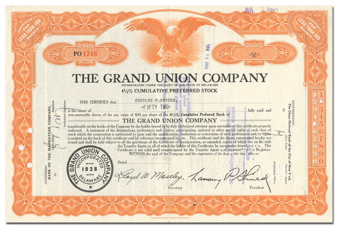 Grand Union Company Stock Certificate