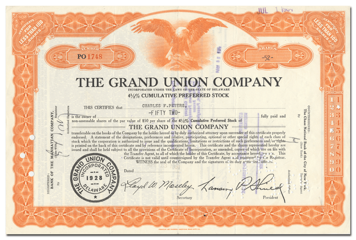 Grand Union Company Stock Certificate