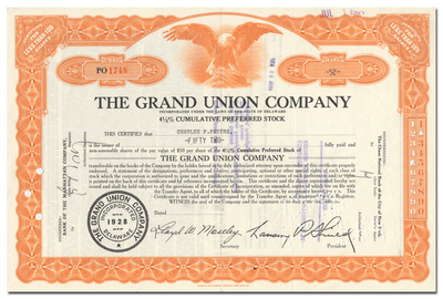 Grand Union Company Stock Certificate
