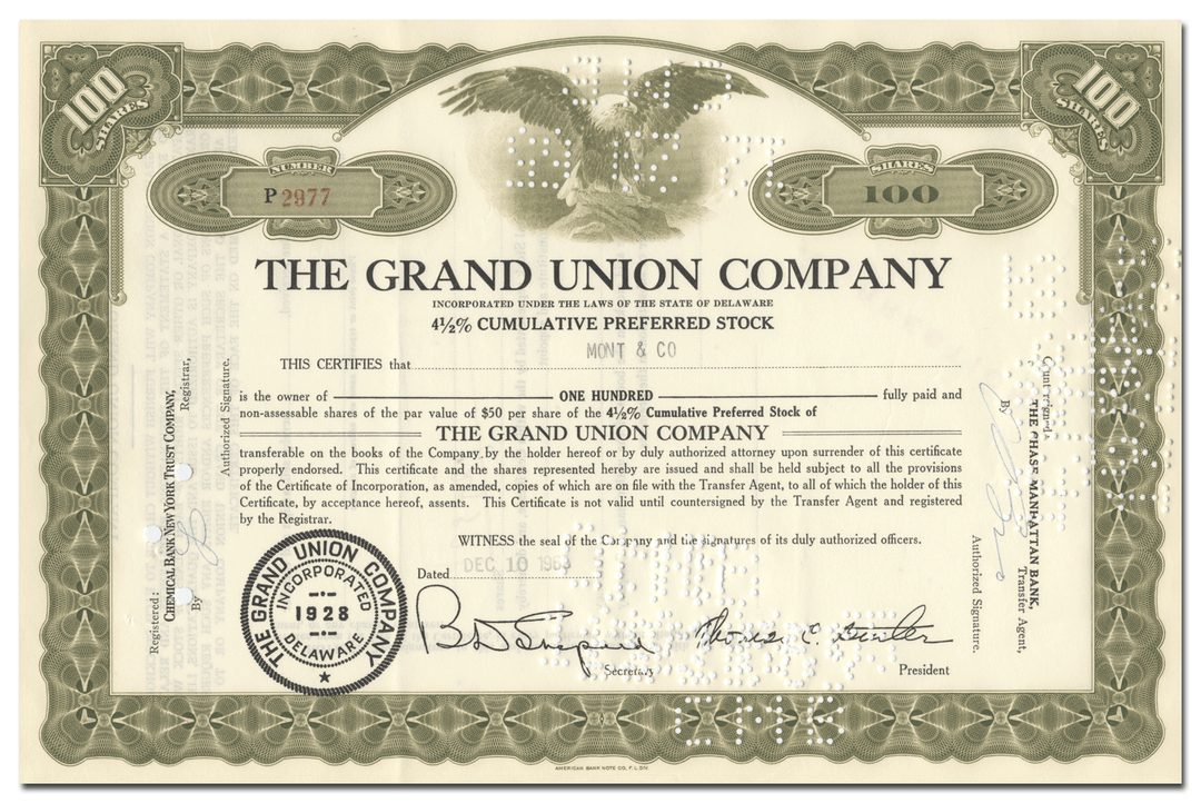 Grand Union Company Stock Certificate