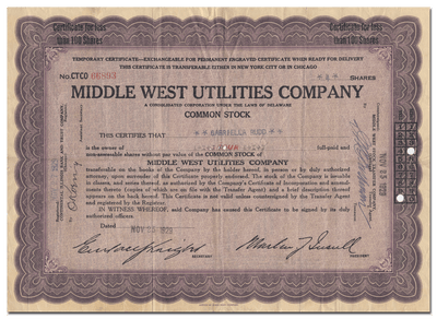 Middle West Utilities Company Stock Certificate
