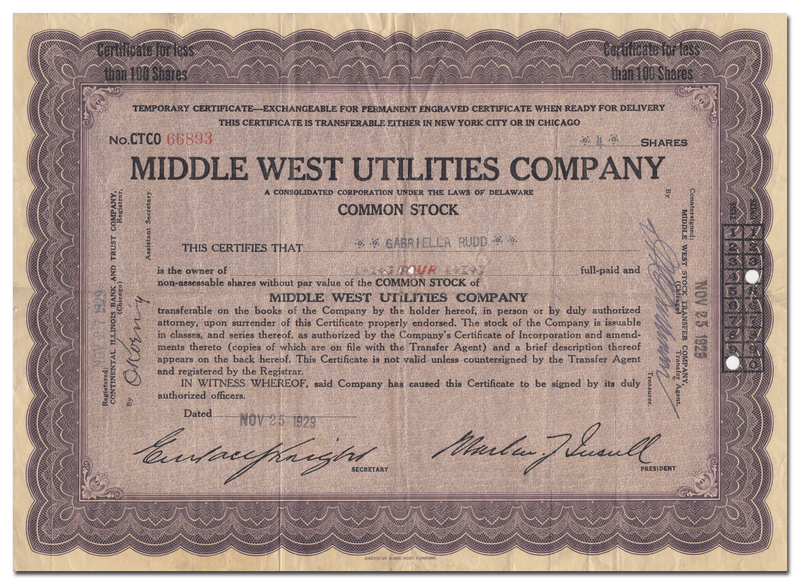 Middle West Utilities Company Stock Certificate