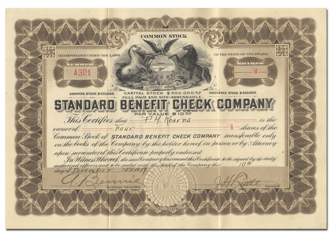 Standard Benefit Check Company Stock Certificate