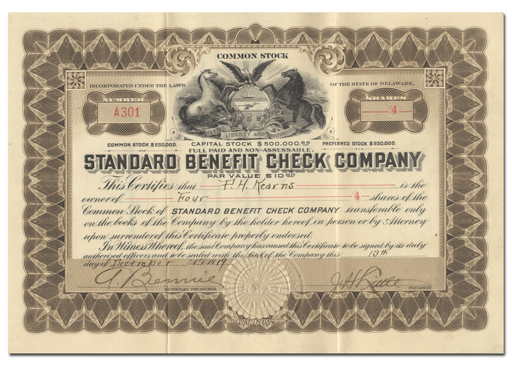 Standard Benefit Check Company Stock Certificate