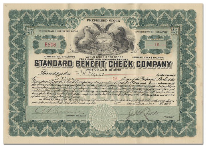 Standard Benefit Check Company Stock Certificate