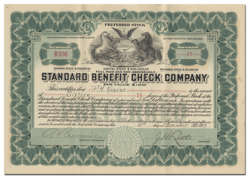 Standard Benefit Check Company Stock Certificate