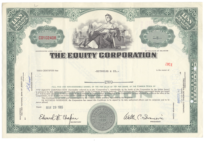 Equity Corporation Stock Certificate