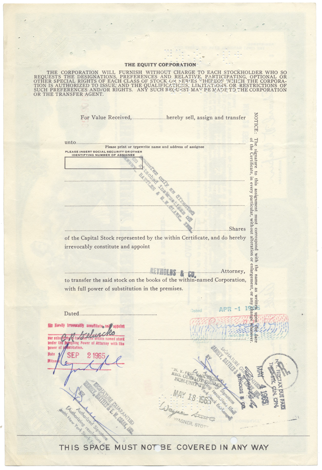 Equity Corporation Stock Certificate