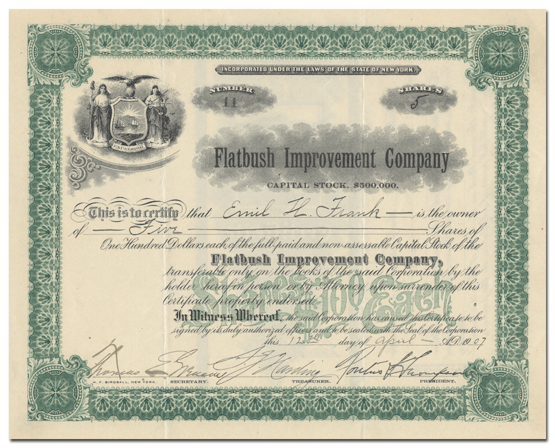 Flatbush Improvement Company Stock Certificate