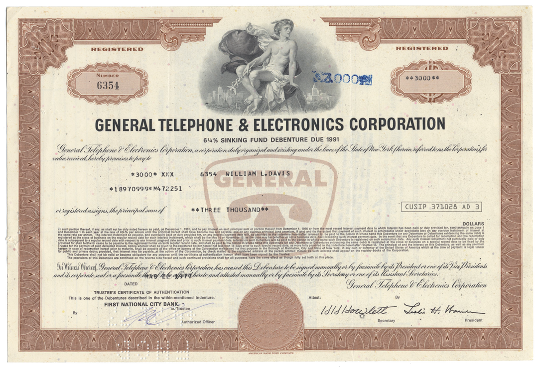 General Telephone & Electronics Corporation Bond Certificate