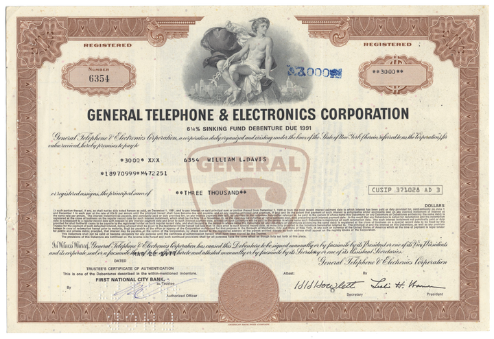 General Telephone & Electronics Corporation Bond Certificate