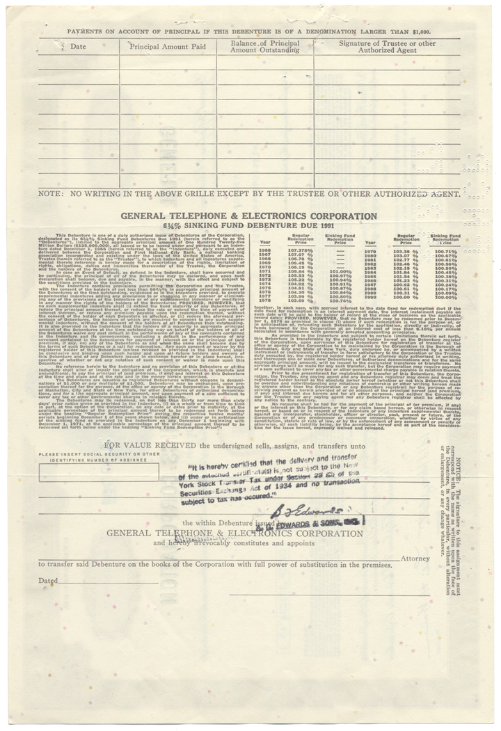 General Telephone & Electronics Corporation Bond Certificate