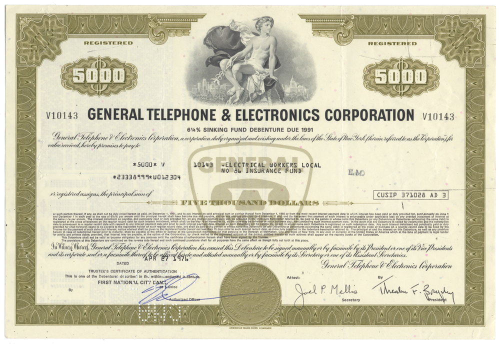 General Telephone & Electronics Corporation Bond Certificate
