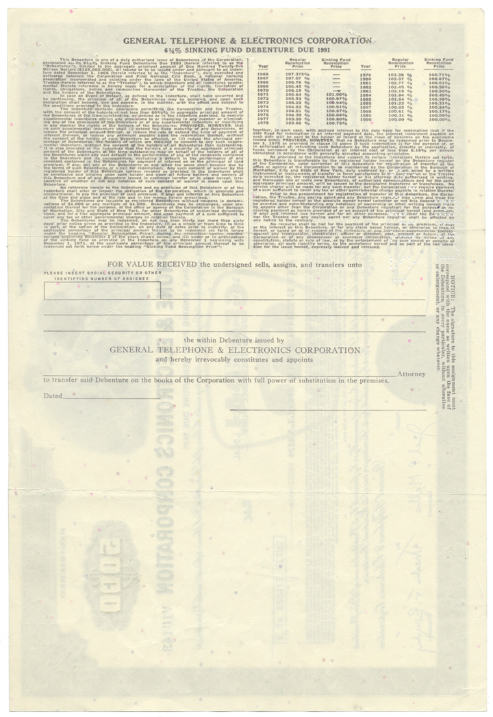 General Telephone & Electronics Corporation Bond Certificate