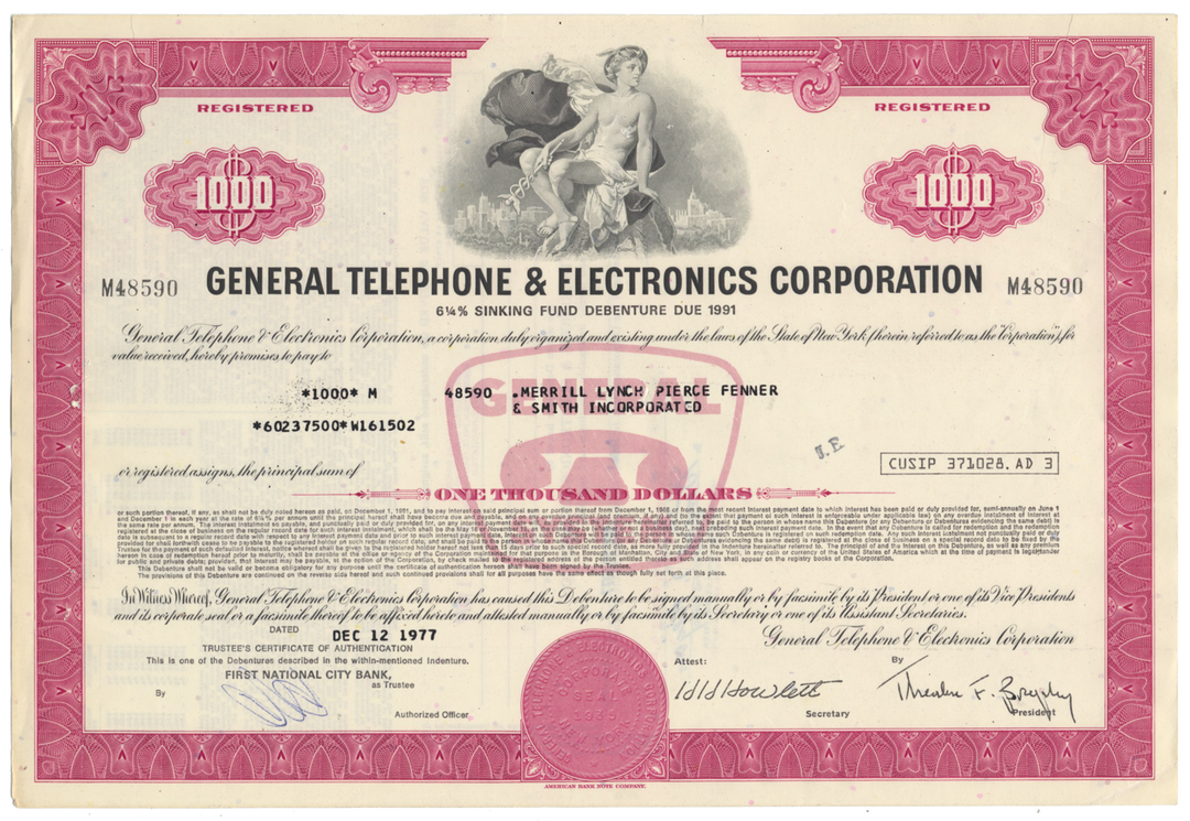 General Telephone & Electronics Corporation Bond Certificate