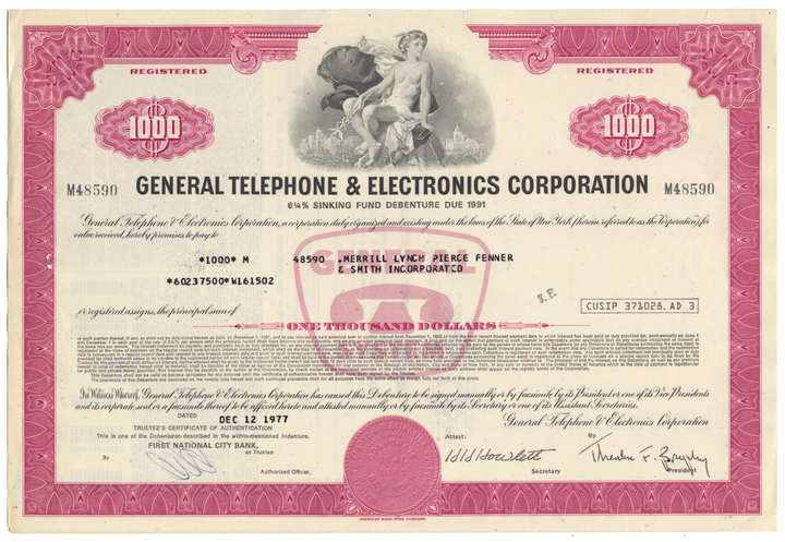 General Telephone & Electronics Corporation Bond Certificate