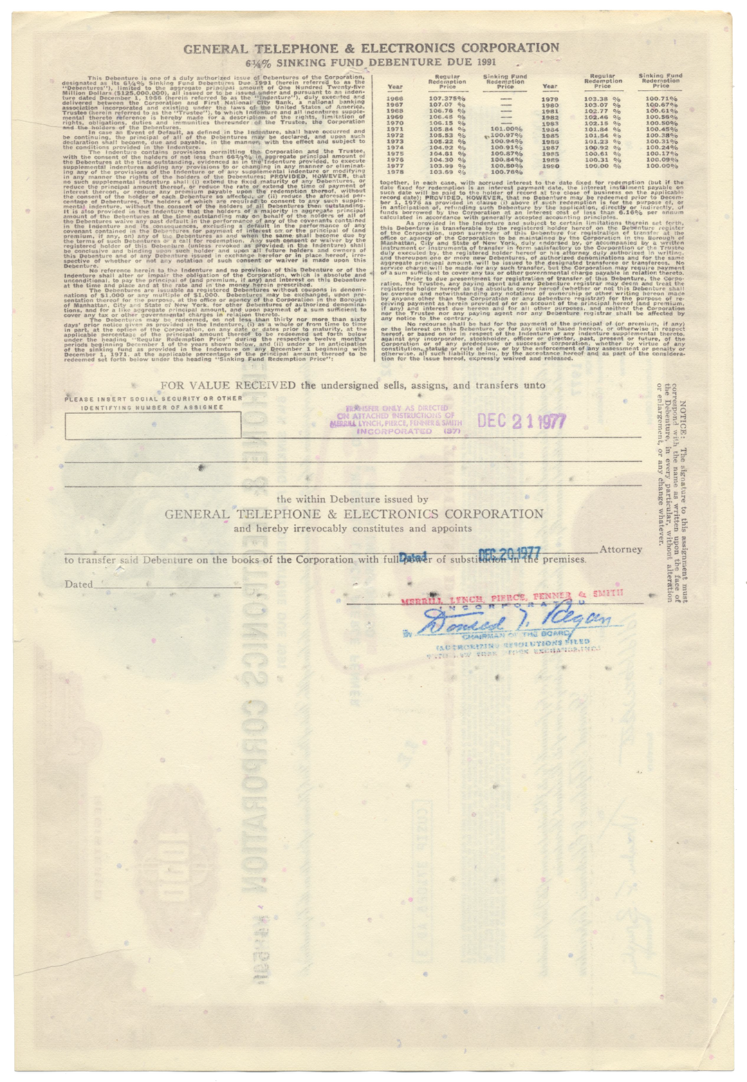 General Telephone & Electronics Corporation Bond Certificate