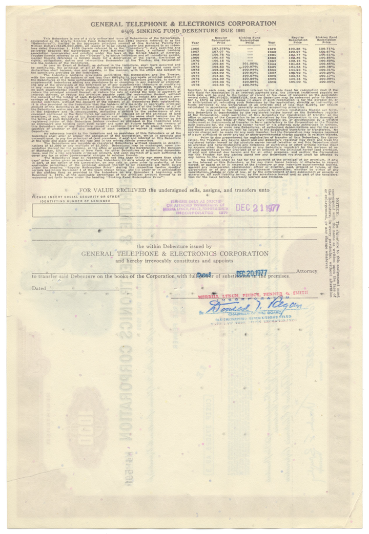 General Telephone & Electronics Corporation Bond Certificate