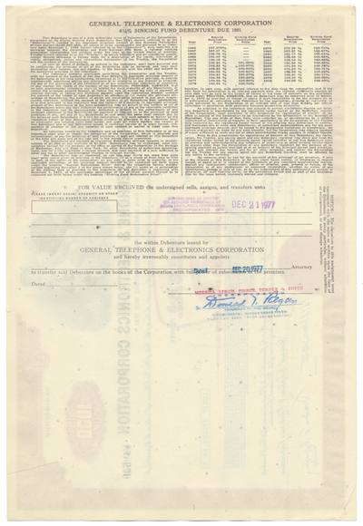 General Telephone & Electronics Corporation Bond Certificate