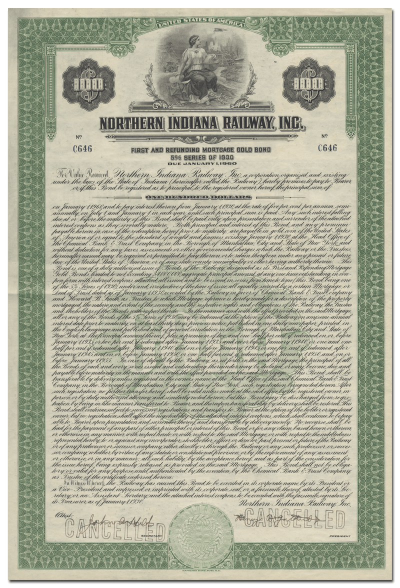 Northern Indiana Railway, Inc. Bond Certificate