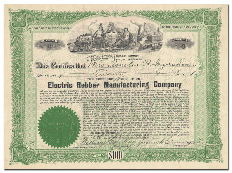 Electric Rubber Manufacturing Company Stock Certificate