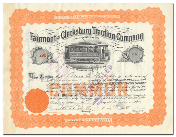 Fairmont and Clarksburg Traction Company Stock Certificate