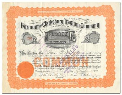Fairmont and Clarksburg Traction Company Stock Certificate