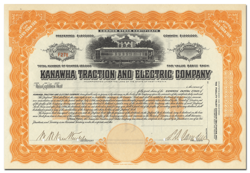 Kanawha Traction and Electric Company Stock Certificate