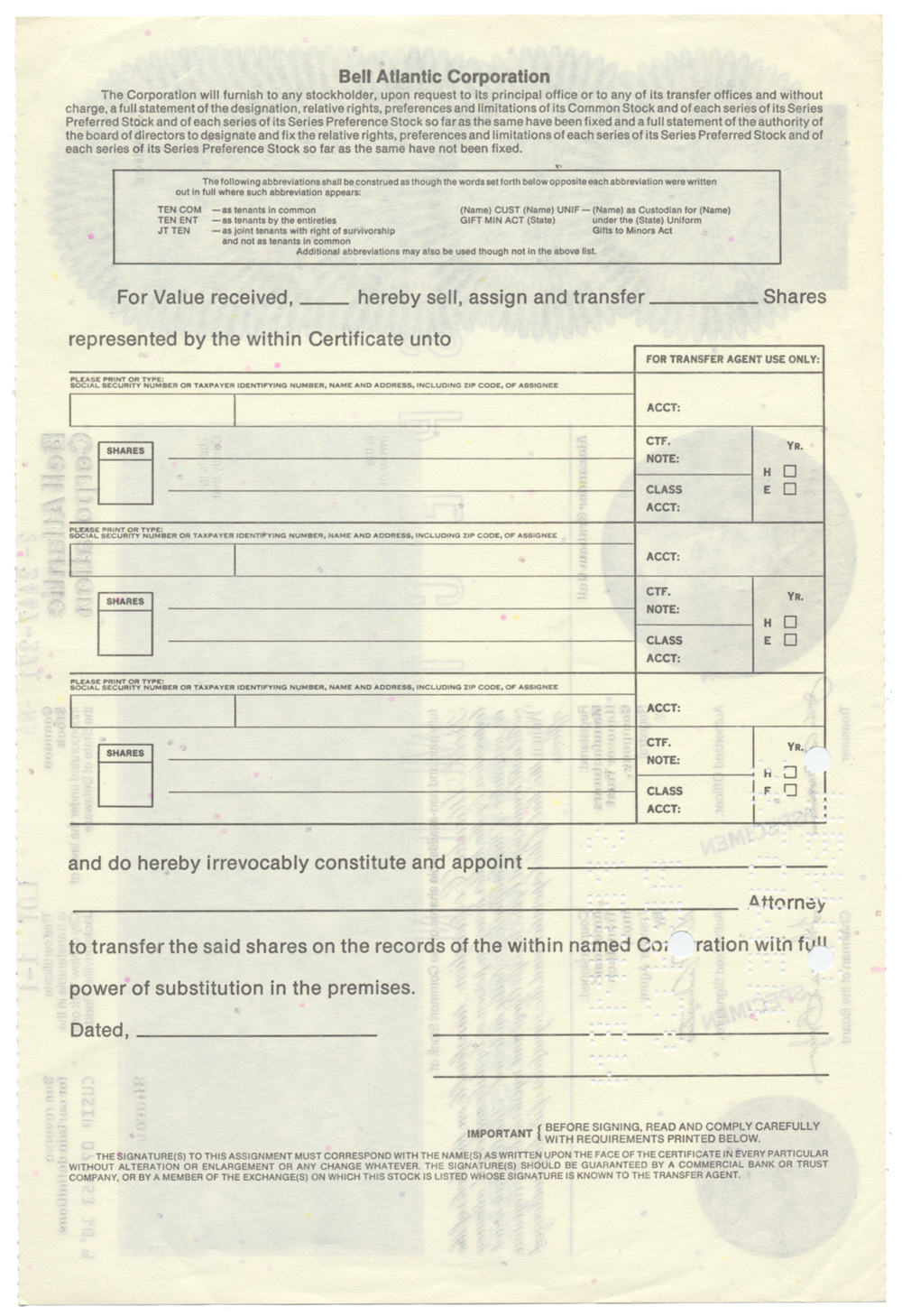 Bell Atlantic Corporation Specimen Stock Certificate